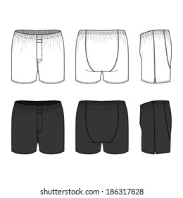 Blank men's underwear set in front, back and side views. Vector illustration. Isolated on white.