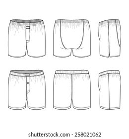 Blank men's underwear set in front, back and side views. Vector illustration. Isolated on white.