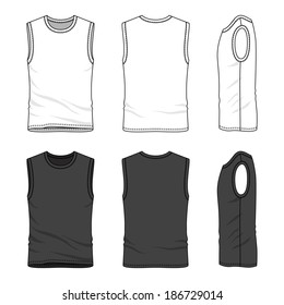 Blank men's vest in front, back and side views. Vector illustration. Isolated on white.