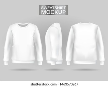 Blank men's white sweatshirt in front, back and side views. Vector illustration. Realistic male clothes for sport and urban style
