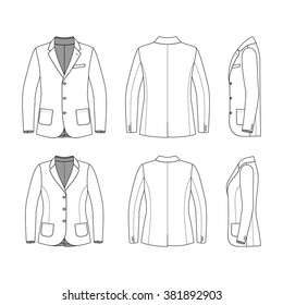 Blank Men's and Women's clothing set in white colors. Blank templates of classic blazer in front, back and side views. Casual style. Vector illustration for your fashion design. Isolated on white.