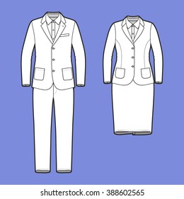 Blank Men's and Women's clothing set in white colors. Blank template of workwear suits in front view. Casual style. Vector illustration for your fashion design. 