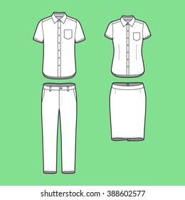Blank Men's and Women's clothing set in white colors. Blank template of short sleeve shirts, pants and skirt in front view. Casual style. Workwear suits. Vector illustration for your fashion design. 