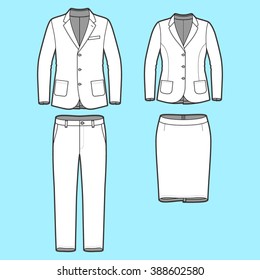 Blank Men's and Women's clothing set in white colors. Blank template of classic blazers, pants and skirt in front view. Casual style. Workwear suits. Vector illustration for your fashion design. 