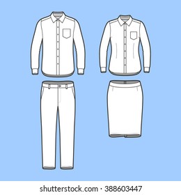 Blank Men's And Women's Clothing Set In White Colors. Blank Template Of Long Sleeve Shirts, Pants And Skirt In Front View. Casual Style. Workwear Suits. Vector Illustration For Your Fashion Design. 