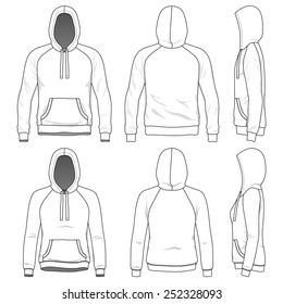 Blank Men's and Women's raglan hoodies in front, back and side views. Vector illustration. Isolated on white. 