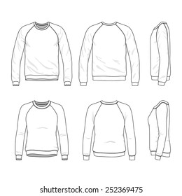 Blank Men's and Women's raglan sweatshirts in front, back and side views. Vector illustration. Isolated on white. 