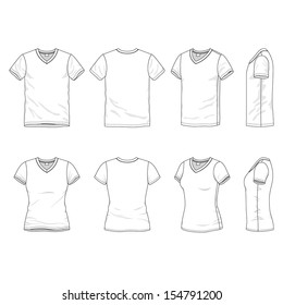 Blank Men's and Women's v-neck t-shirt in front, back and side views