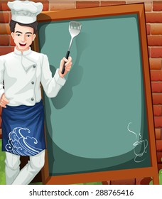 Blank menu board of a cafe with a chef picture