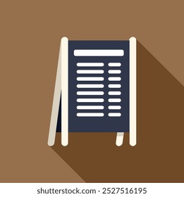 Blank menu board with text standing on wooden legs on brown background with long shadow