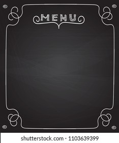 Blank menu on blackboard, handwriting letters and frame, vector 