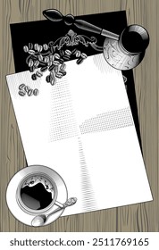 A blank menu sheet with a coffee cup, turkish coffee maker and coffee beans on a wooden texture background. Drawing in black and white vintage engraving 
style. Vector illustration