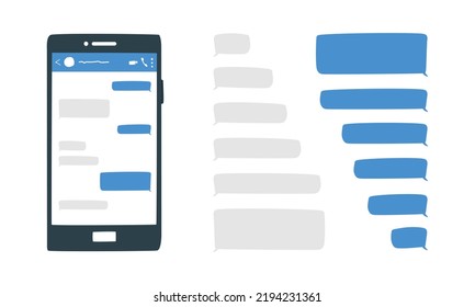 Blank message bubbles chat in cartoon style. Empty chat bubbles vector design. Blank SMS text frame doodle drawing. Smartphone with conversation chat screen with blue message bubbles messaging app