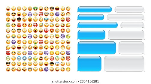 Blank message bubbles with emoji. Blue chat or messenger speech bubble. SMS text frame. Short message sending. Conversation screen. Social media application. Vector illustration.