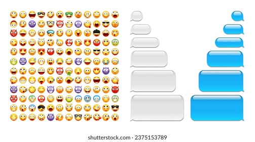 Blank message bubbles with emoji. Blue chat or messenger speech bubble. SMS text frame. Short message sending. Conversation screen. Social media application. Vector illustration.