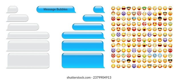 El mensaje en blanco burbuja con el emoji. Charla azul o burbuja del discurso de mensajero. Marco de texto SMS. Envío de mensajes cortos. Pantalla de conversación. Aplicación de medios sociales. Ilustración del vector
