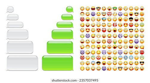 Blank message bubbles with emoji. Green chat or messenger speech bubble. SMS text frame. Short message sending. Conversation screen. Social media application. Vector illustration