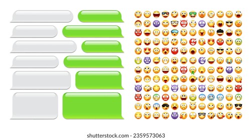 Blank message bubbles with emoji. Green chat or messenger speech bubble. SMS text frame. Short message sending. Conversation screen. Social media application. Vector illustration