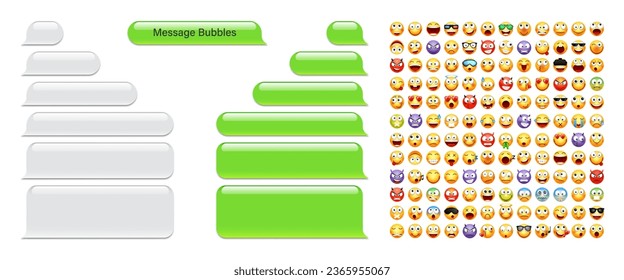 El mensaje en blanco burbuja con el emoji. Charla verde o burbuja del discurso de mensajería. Marco de texto SMS. Envío de mensajes cortos. Pantalla de conversación. Aplicación de medios sociales. Ilustración del vector