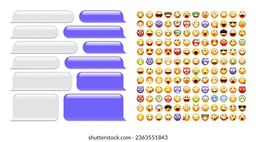 Blank message bubbles with emoji. Violet chat or messenger speech bubble. SMS text frame. Short message sending. Conversation screen. Social media application. Vector illustration