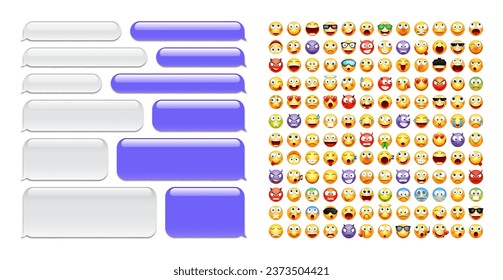 Blank message bubbles with emoji. Violet chat or messenger speech bubble. SMS text frame. Short message sending. Conversation screen. Social media application. Vector illustration