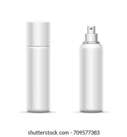 Blank metal bottle with sprayer cap. Cosmetic deodorant template or freshener. Vector