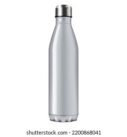 Modelación vectorial de botellas de agua aisladas de metal blanco. Espejo deportivo de viaje de acero inoxidable reutilizable aislado en simulación de fondo blanco