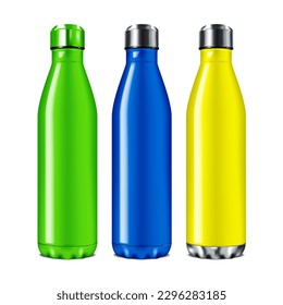 Blank metal insulated water bottle color set vector mockup. Reusable colour stainless steel travel sport flask isolated on white background mock-up