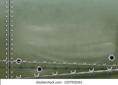 Blank metal military armored plate. Steel background with holes from bullets and barbed wire. Vector illustration.