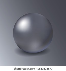 Blank metal mockup sphere on grey background. Metalic three-dimensional object with a shadow and reflections. Realistic vector steel ball. Globe shape.