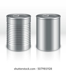 Blank metal products container, tin cans isolated on transparent checkered background. vector mockups. Steel bank product for food, tincan aluminum closed illustration