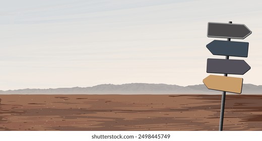 Blank metal sheet direction sign pole with minimalist landscape of desert and mountain ranges background design graphic illustration have blank space.