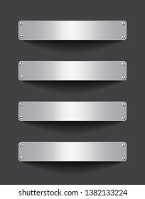 Blank metallic banner set attached with screws on dark background. Empty gray tablets. Billboards. Space for text. Vector illustrtion