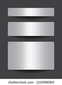 Blank metallic banners attached with screws on dark background. Empty gray templates. Space for text. Vector illustration