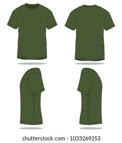 Blank Military Short Sleeve T-Shirt Template on White Background. Front, Back and Side Views, Vector File.