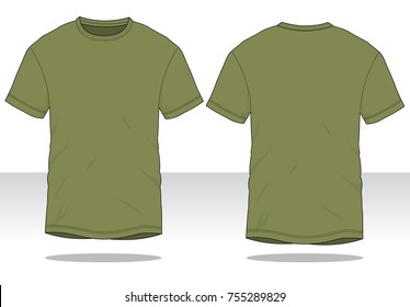 Blank Military Short Sleeve T-Shirt Template on White Background. Front and Back Views, Vector File.