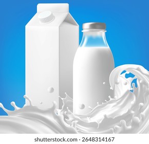 Mockup de caixa de leite em branco realista salpicos de leite branco fluindo iogurte creme isolado no fundo vetor malha gradiente wes usado 
