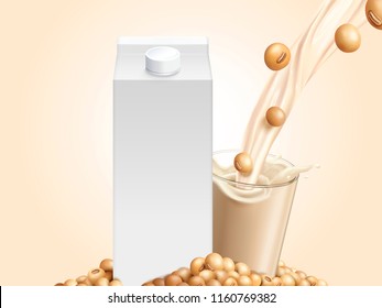 Blank milk carton mockup with soybeans and soymilk pouring into glass cup in 3d illustration