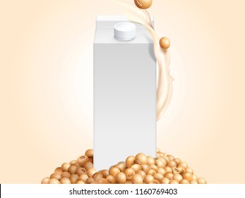 Blank milk carton mockup with soybeans and soymilk in 3d illustration