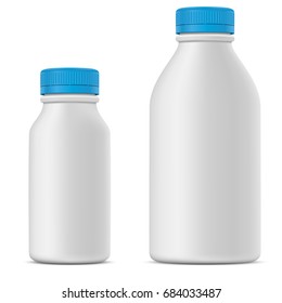Blank milk or yoghurt white bottle with blue cap vector template for the advertising of dairy product.