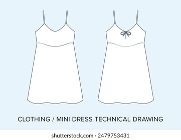 Blank Mini Dress Technical Drawing, Apparel Blueprint for Fashion Designers. Detailed Editable Vector Illustration, Black and White Womens Clothing Schematics, Isolated Background