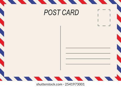 Blank minimalist vintage vector postcard template with red and blue airmail border stripes.