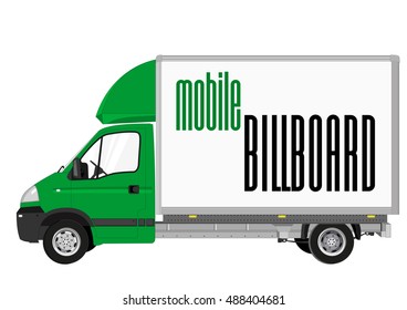 Blank mobile billboard template isolated on white background. Green Truck with solid and flat color design.