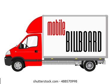 Blank mobile billboard template isolated on white background. Red Truck with solid and flat color design.