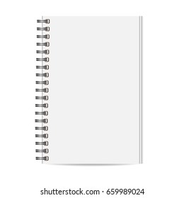 Blank mock up of opened booklet isolated on white background. Spiral notebook. Vertical copybook. Template of organizer or diary. Vector