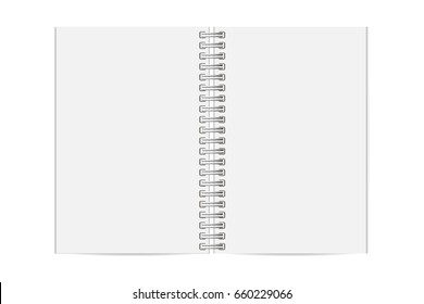 Blank mock up of opened booklet isolated on white background. Spiral notebook. Vertical copybook. Template of organizer or diary. Vector