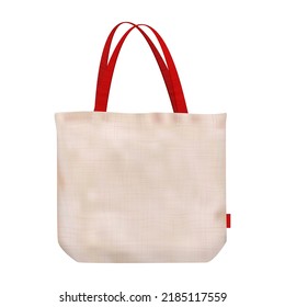 Blank mockup of cotton tote bag with cloth texture isolated from background. Eco friendly shopper. Zero waste illustration. Vector advertising template. Fabric shopping sack. Totebag with red handles