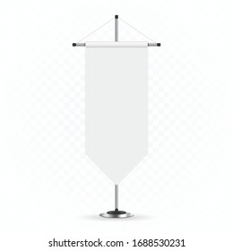 Blank mockup pennants in realistic style. White Pennant on steel spire pedestal isolated on transparent background. Banners, sports textile advertising flags, vertical canvas on flagpole concept. 