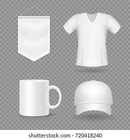 Blank Mock-up Promotional Gifts. Realistic 3d Cap, Mug, T-shirt And Flag