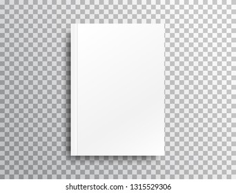 Blank mockup with shadow on transparent background. White realistic brochure A4 for presentation. Notebook with place for text. Closed vertical book, magazine mockup with top view. Vector illustration